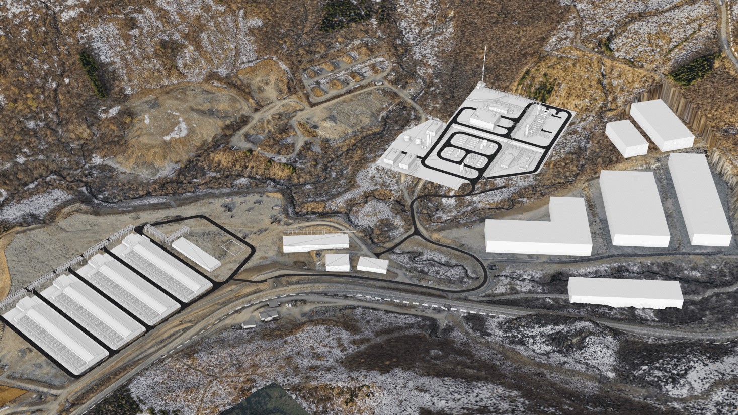CGI rendering of aerial view over construction site showing locating of plant buildiings