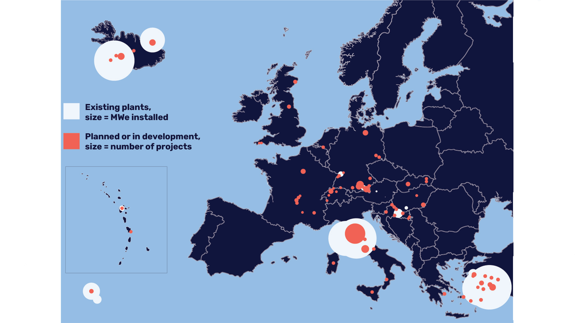 map showing locations of existing, planned and under development geothermal power plants in Europe