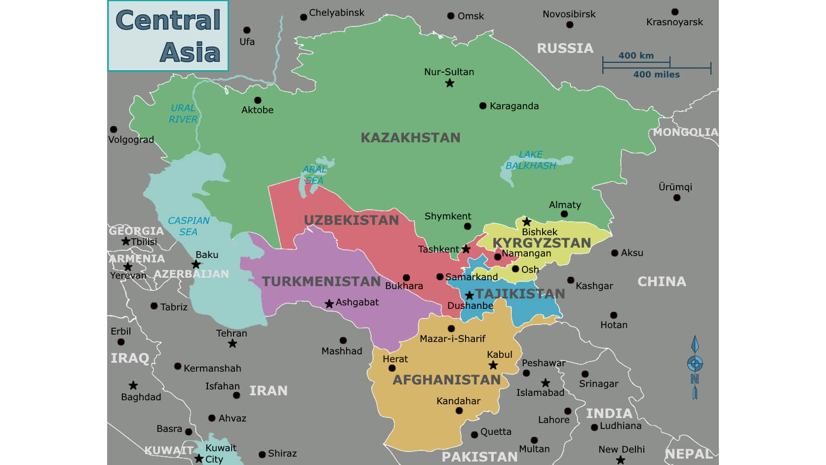 map of Central Asia with countries covered in article in different colours