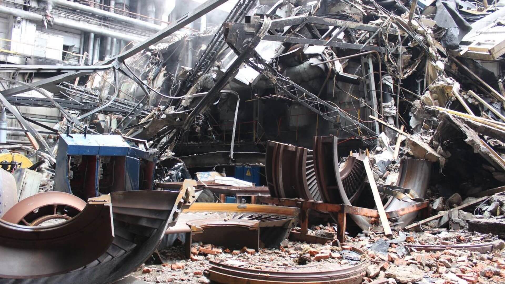 destroyed building and debris
