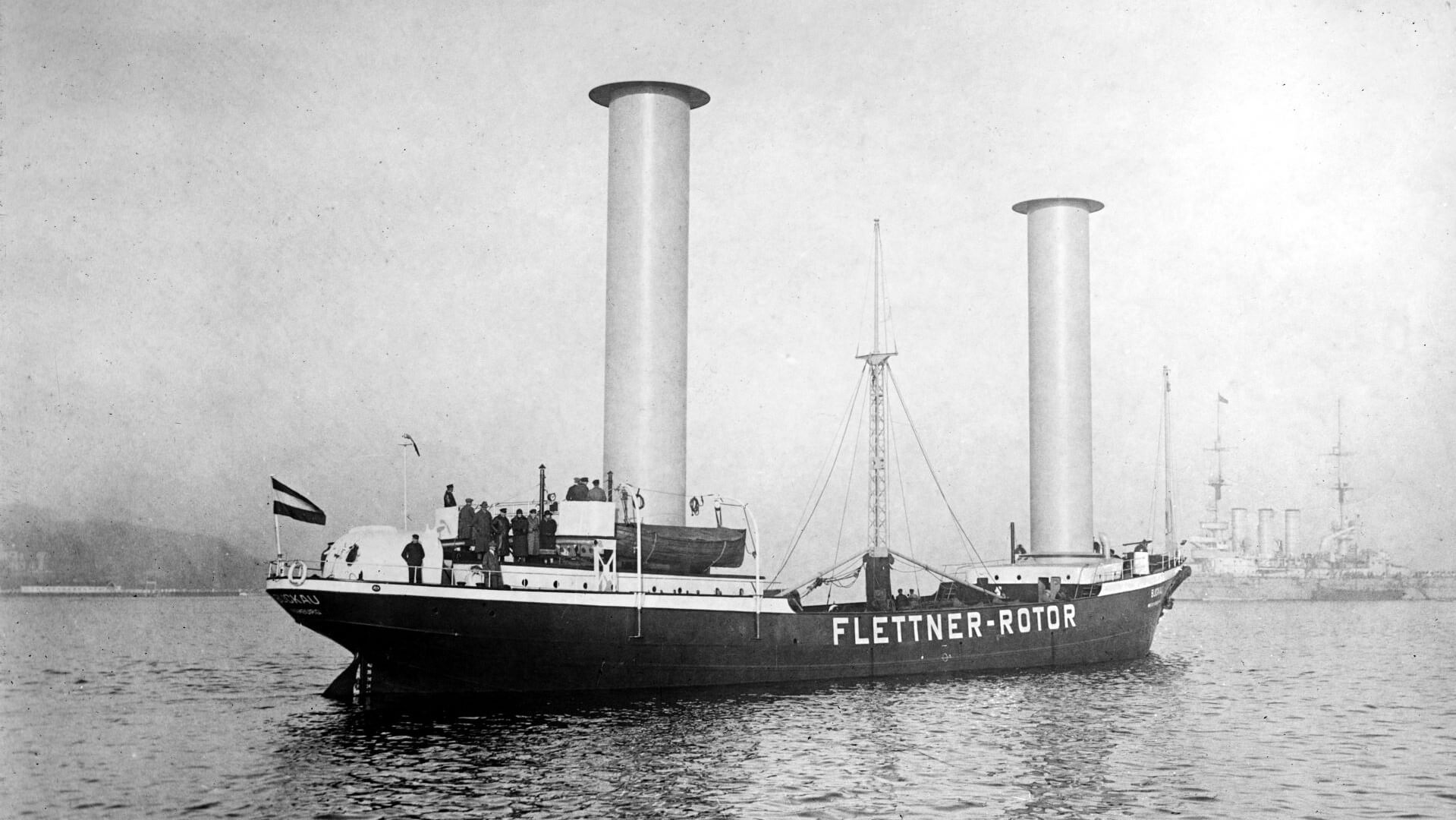 black and white old photo of Flettner vessel with two rigid sails