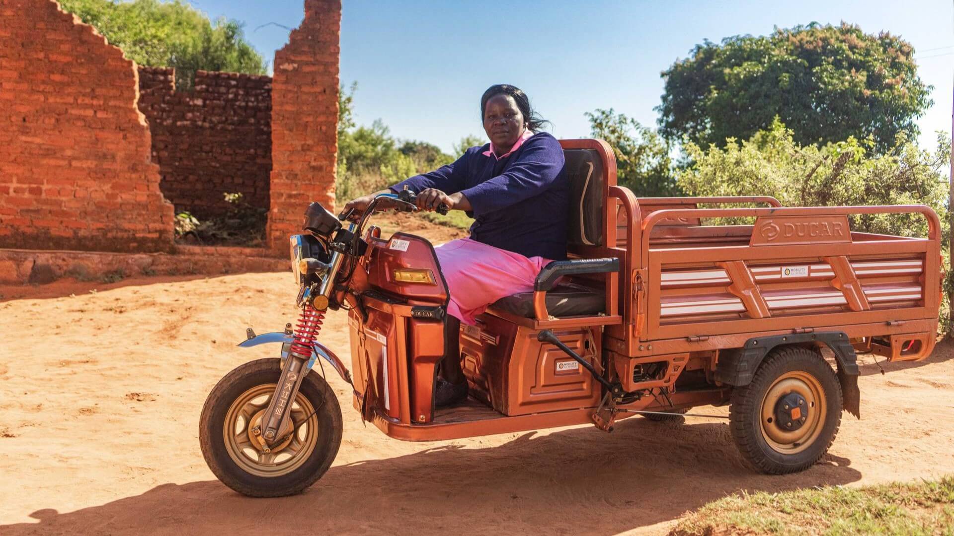 Zimbabwean woman on three-electric tricycle mini truck