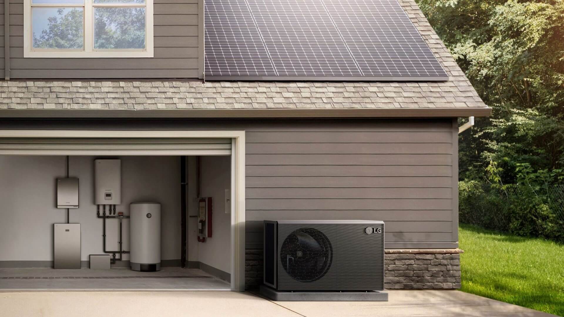 house with solar panels on roof and heat pump on outer wall