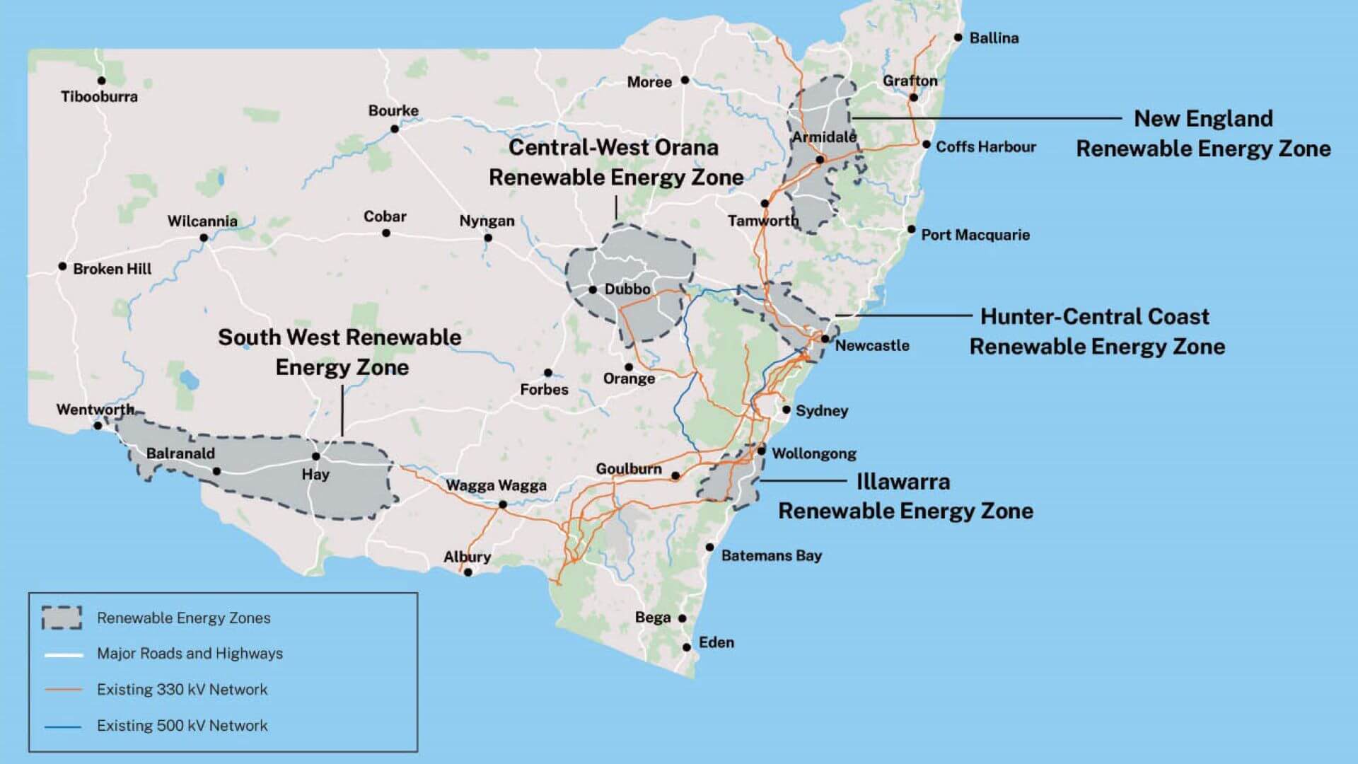 maps showing renewable energy zones, major roads and key electricity grid in New South Wales, Australia
