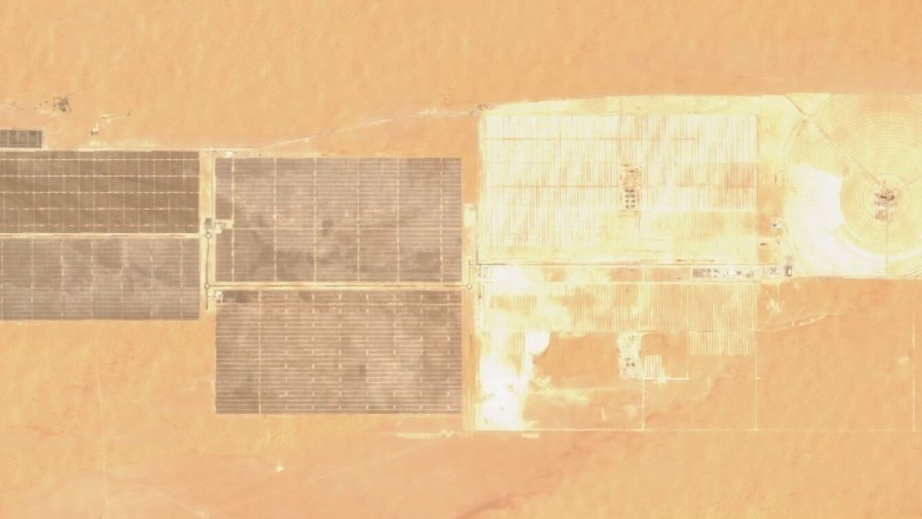 aerial view over solar farm in desert