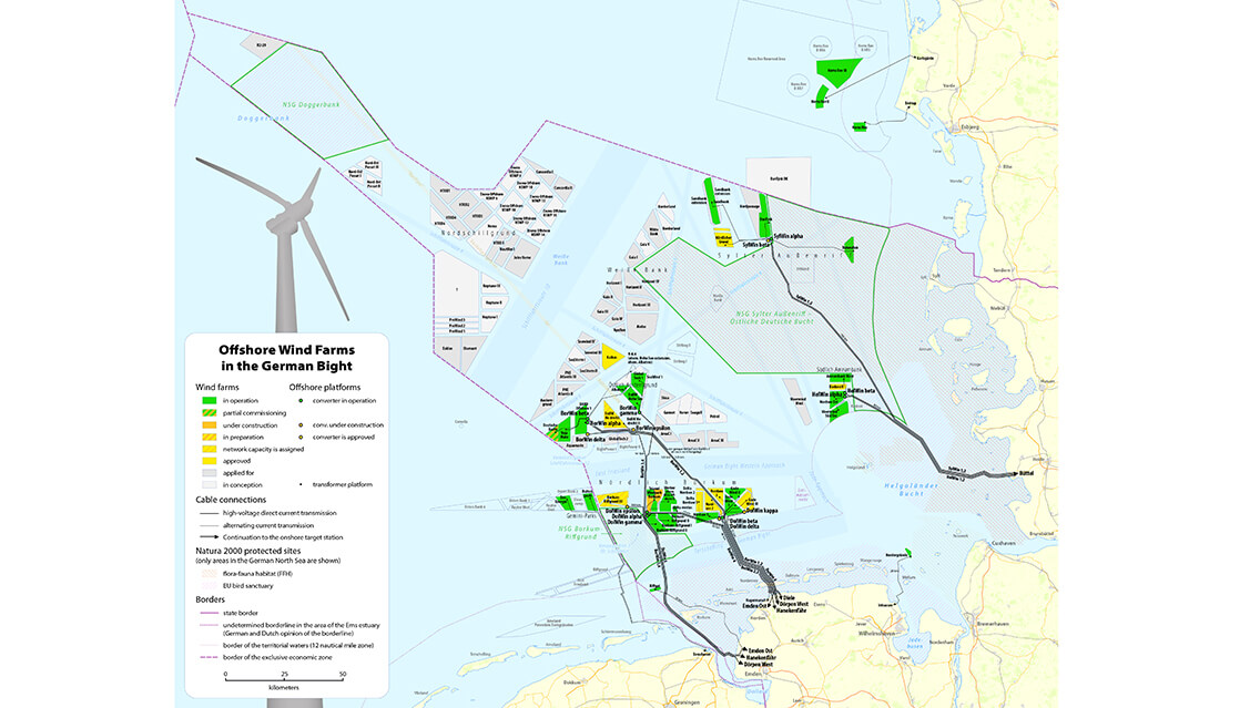 map showing offshore wind farms and connecting power cables in the German Bight, off German’s North Sea coast
