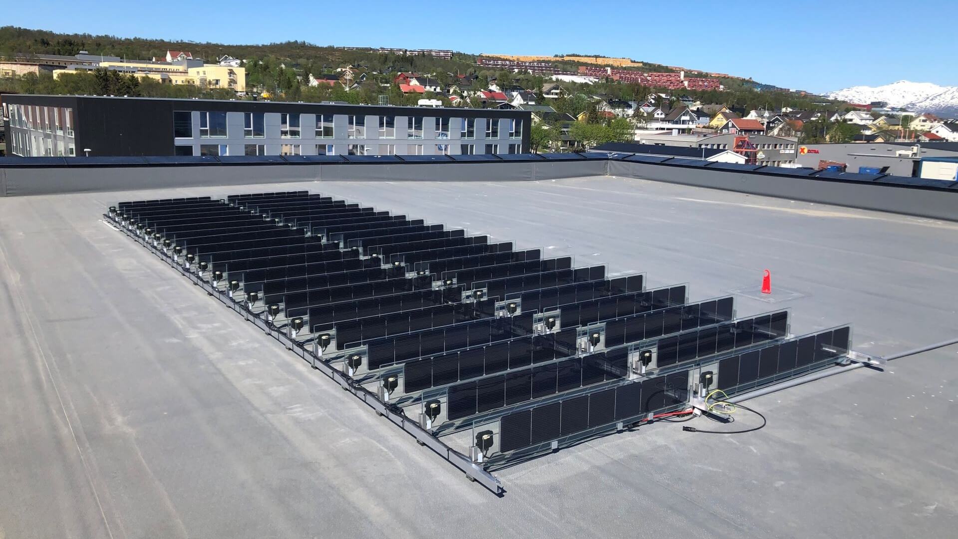 aerial overview of bifacial solar panels