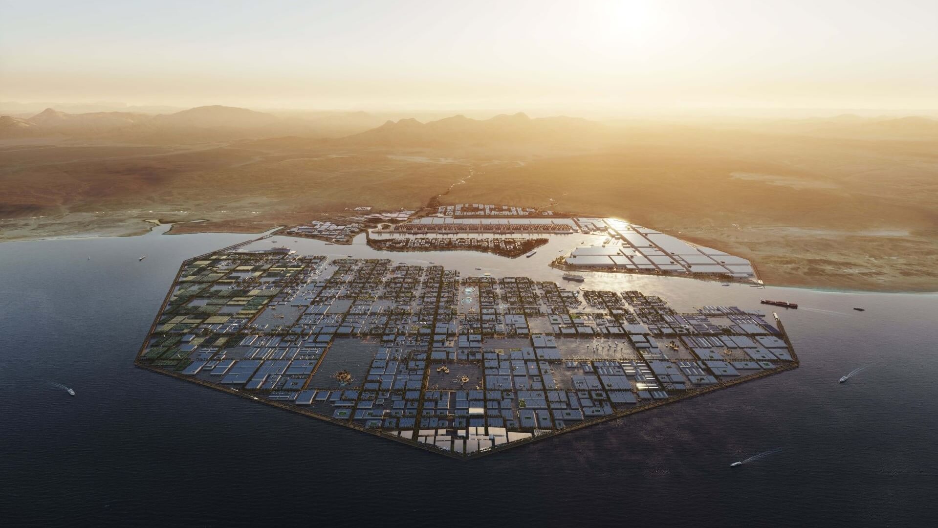 CGI rendering of eight-sided floating city extending from land into sea