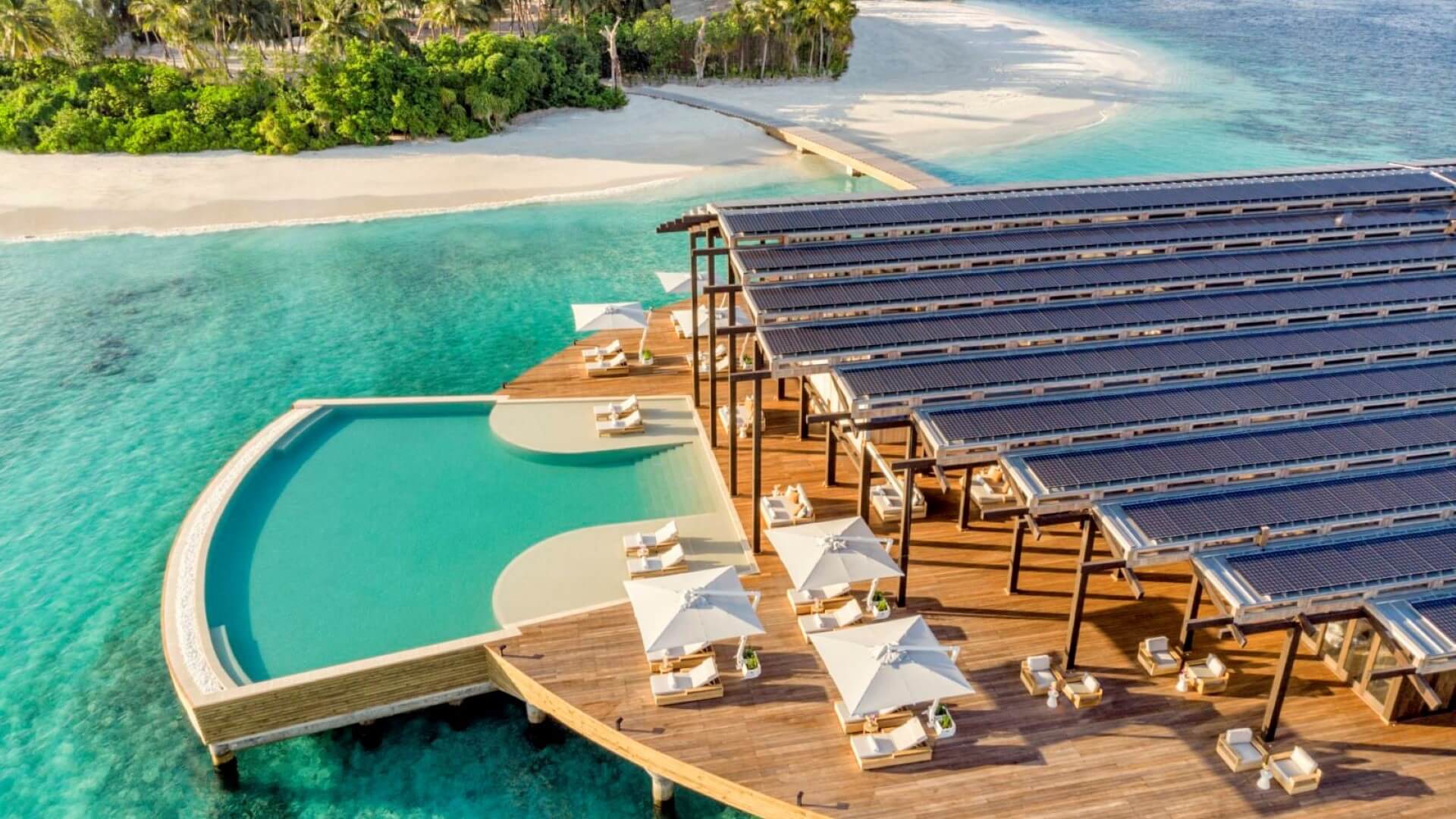 close up of floating island tourist resort fitted with solar panels