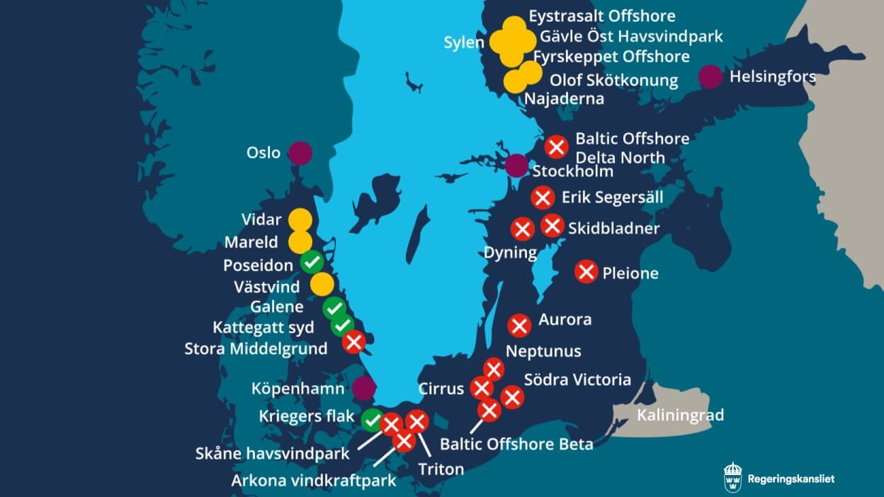 map showing location of current, planned and cancelled wind farms offshore Sweden