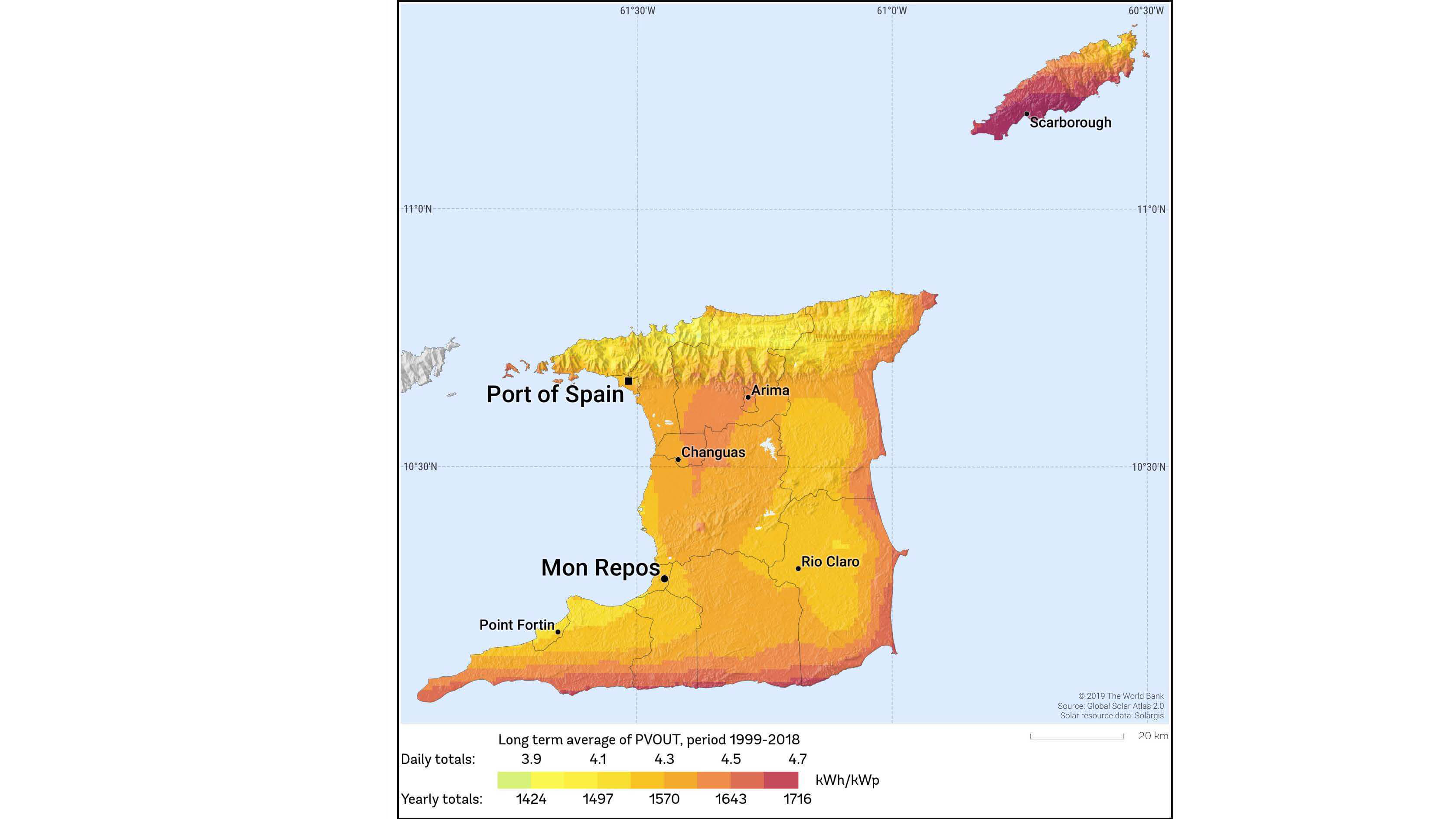 map showing estimated solar photovoltaic power generation potential on Trinidad