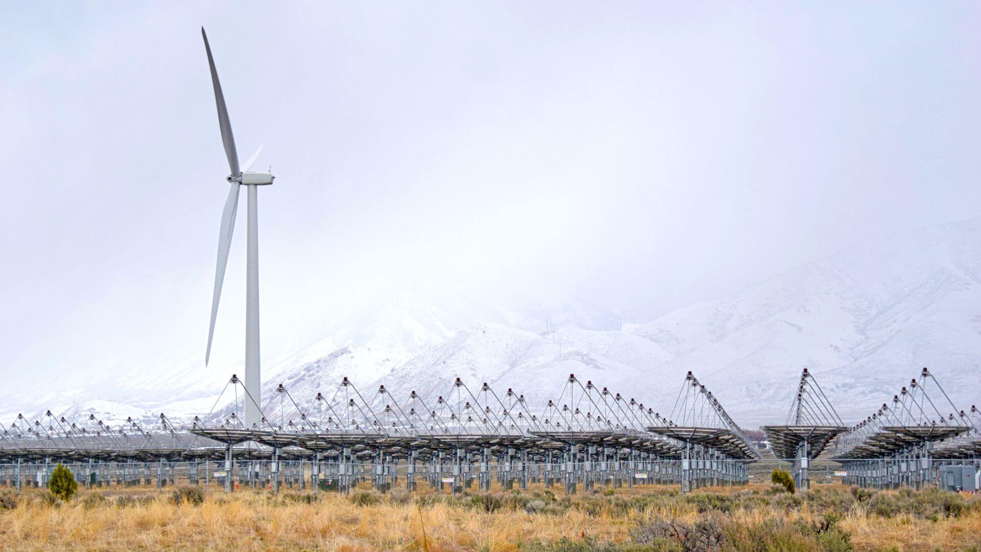 solar wind farm with a wind turbine in foreground and mountains on horizon