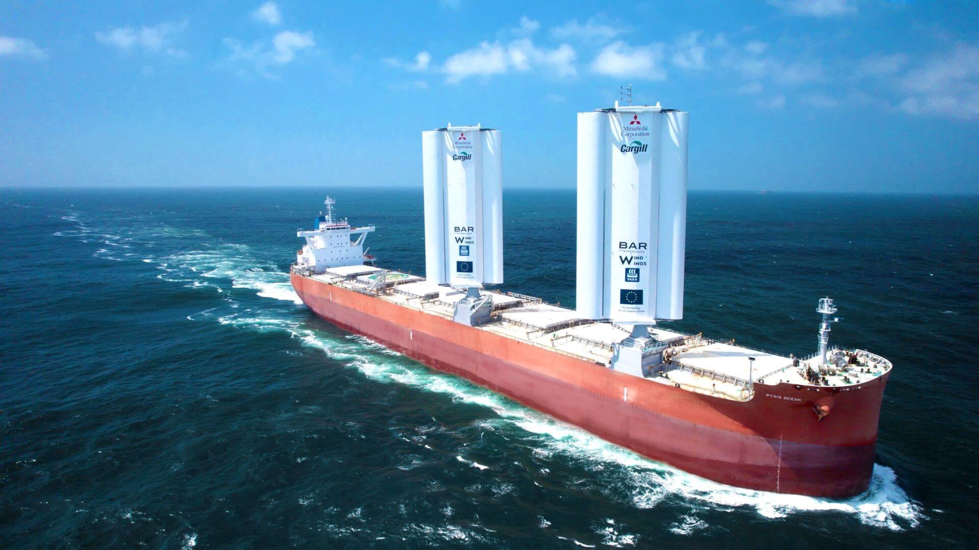 tanker in calm sea fitted with two tall rectangular rigid winged sails